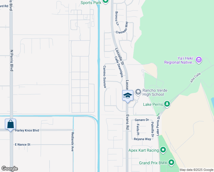 map of restaurants, bars, coffee shops, grocery stores, and more near 17690 Camino Sonrisa in Moreno Valley