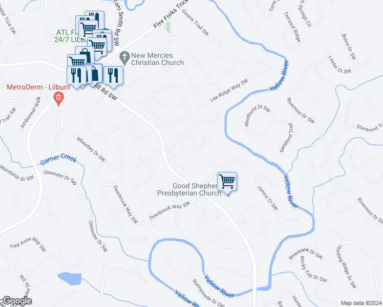 map of restaurants, bars, coffee shops, grocery stores, and more near 1315 Killian Shoals Way Southwest in Lilburn