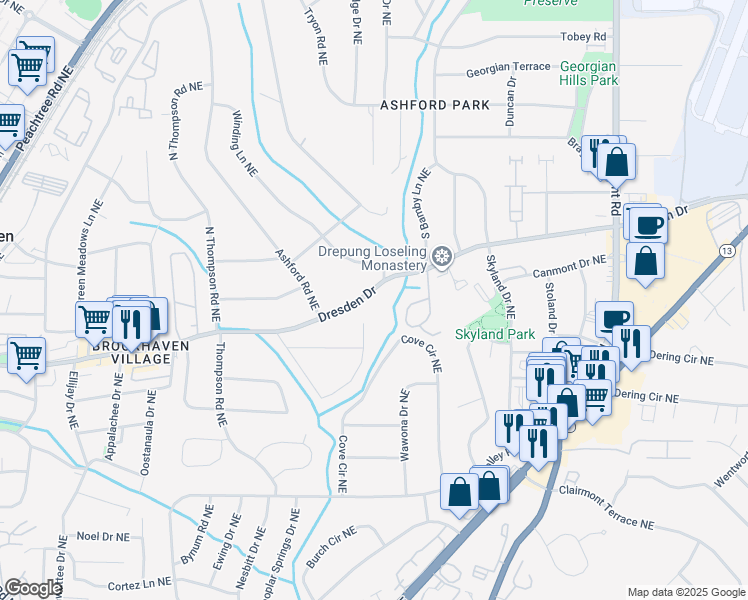 map of restaurants, bars, coffee shops, grocery stores, and more near 1701 Dresden Drive Northeast in Atlanta