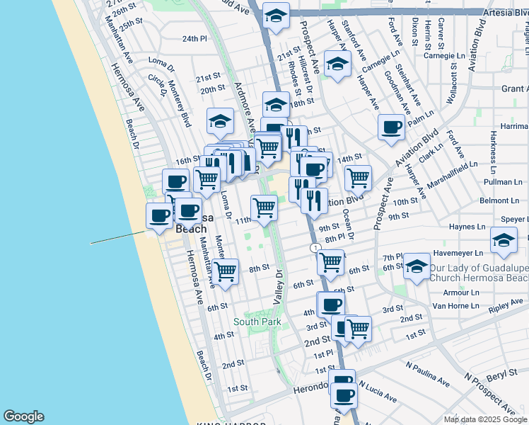 map of restaurants, bars, coffee shops, grocery stores, and more near 579 11th Street in Hermosa Beach