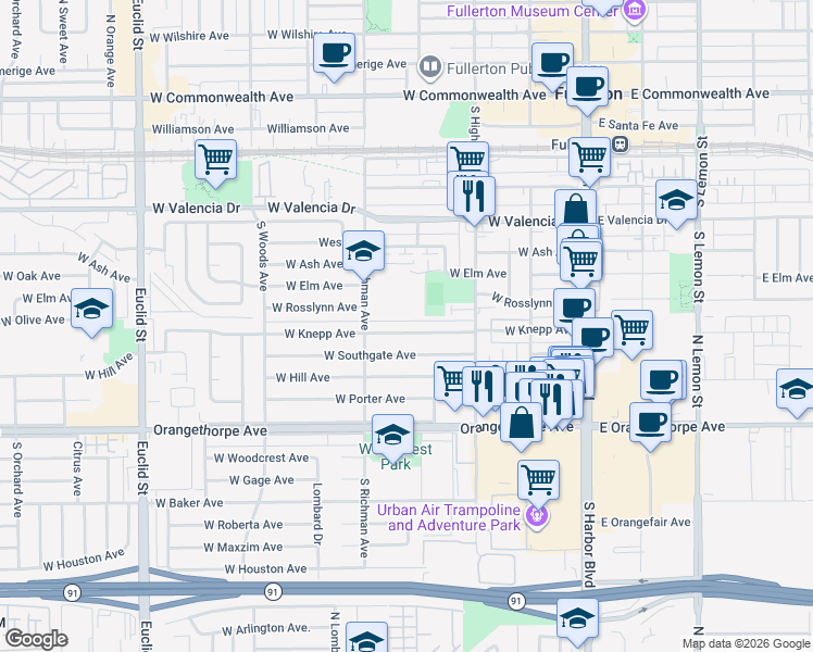 map of restaurants, bars, coffee shops, grocery stores, and more near 425 West Knepp Avenue in Fullerton