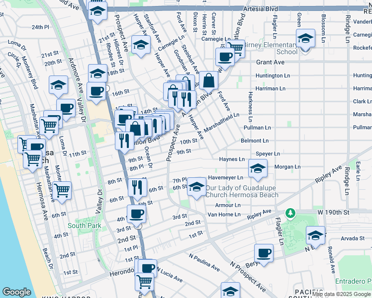 map of restaurants, bars, coffee shops, grocery stores, and more near 1205 9th Street in Hermosa Beach