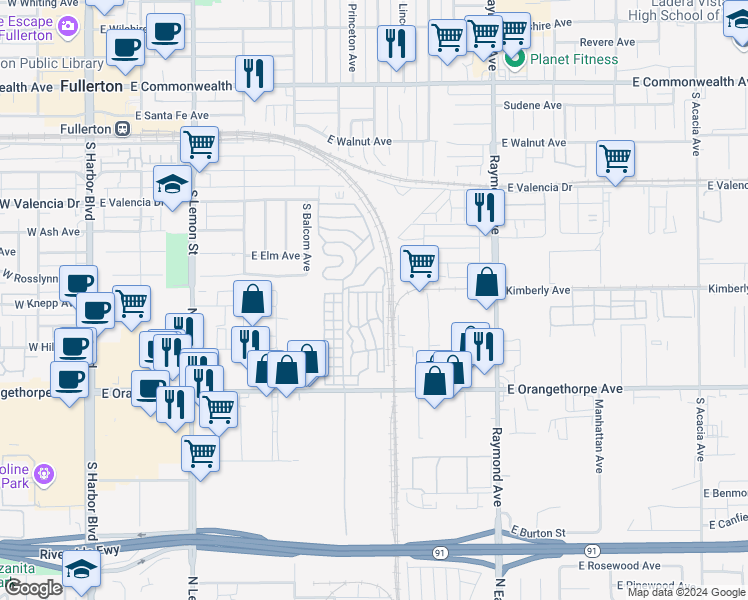 map of restaurants, bars, coffee shops, grocery stores, and more near 47 Fir Via in Anaheim