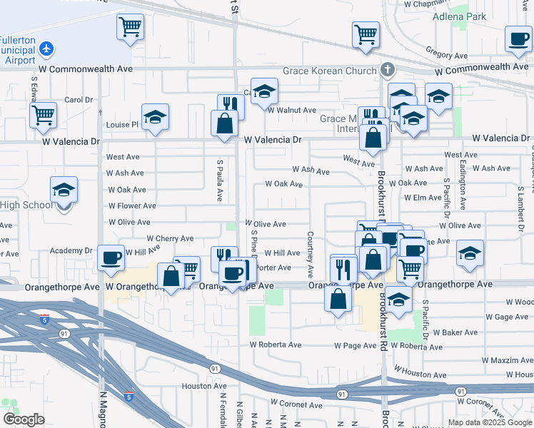 map of restaurants, bars, coffee shops, grocery stores, and more near 2124 West Flower Avenue in Fullerton