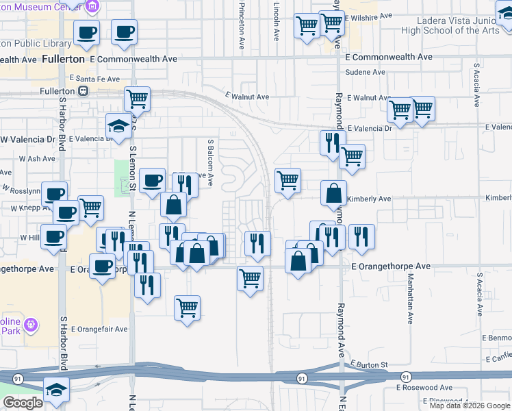 map of restaurants, bars, coffee shops, grocery stores, and more near 47 Fir Via in Anaheim