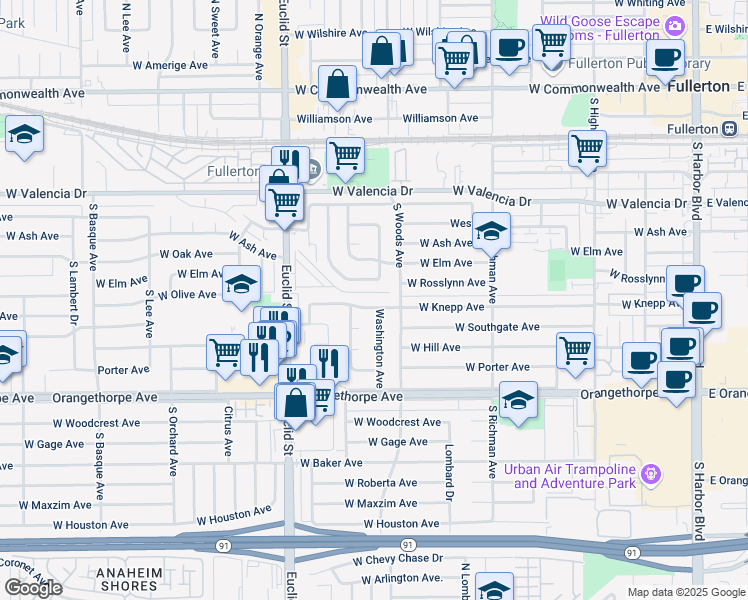 map of restaurants, bars, coffee shops, grocery stores, and more near 709 West Knepp Avenue in Fullerton