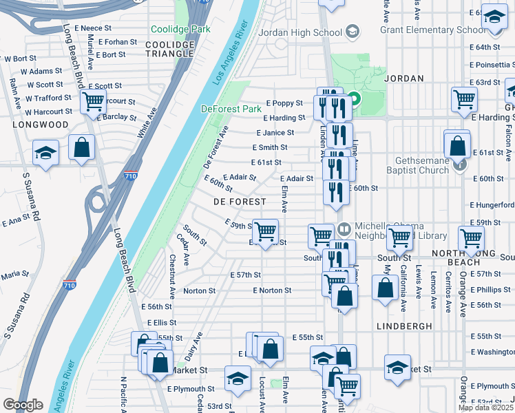 map of restaurants, bars, coffee shops, grocery stores, and more near 311 East Osgood Street in Long Beach