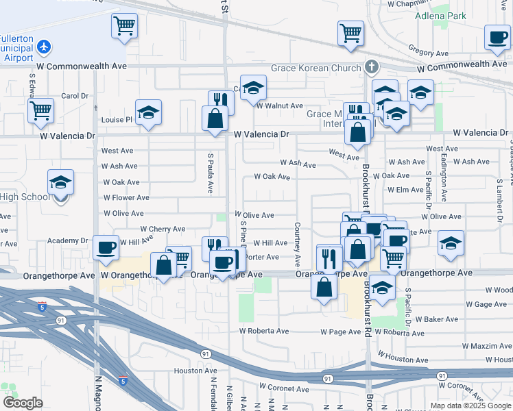 map of restaurants, bars, coffee shops, grocery stores, and more near 2124 West Flower Avenue in Fullerton