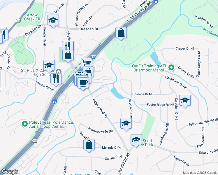 map of restaurants, bars, coffee shops, grocery stores, and more near 2570 Bradford Square Northeast in Atlanta