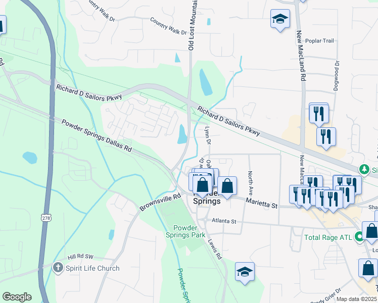 map of restaurants, bars, coffee shops, grocery stores, and more near 3727 Old Lost Mountain Road in Powder Springs