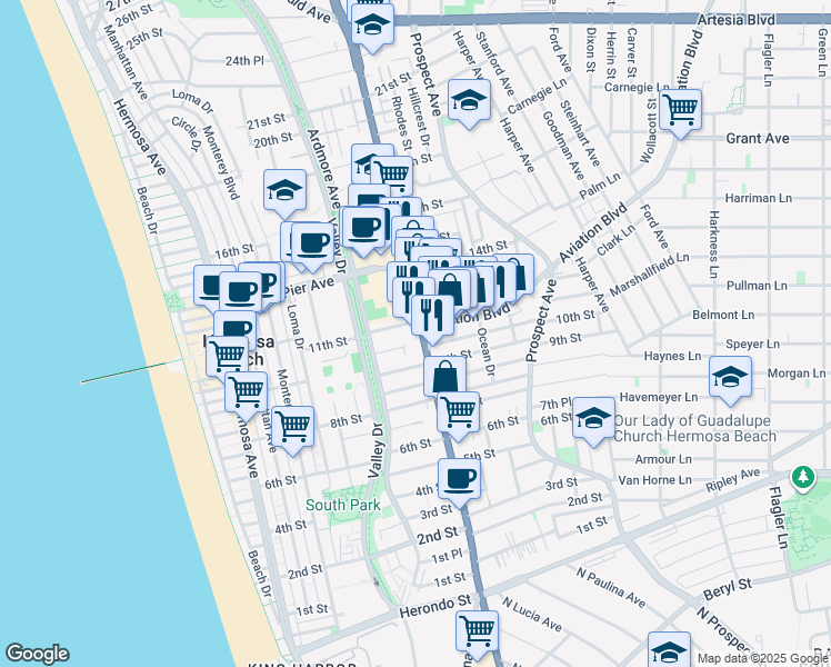 map of restaurants, bars, coffee shops, grocery stores, and more near 1000 Pacific Coast Highway in Hermosa Beach