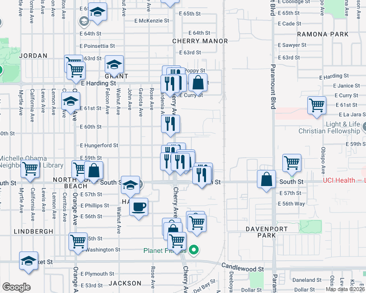 map of restaurants, bars, coffee shops, grocery stores, and more near in Long Beach