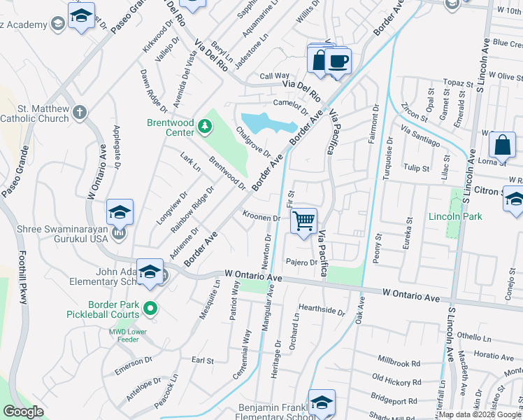 map of restaurants, bars, coffee shops, grocery stores, and more near 1336 Brentwood Circle in Corona