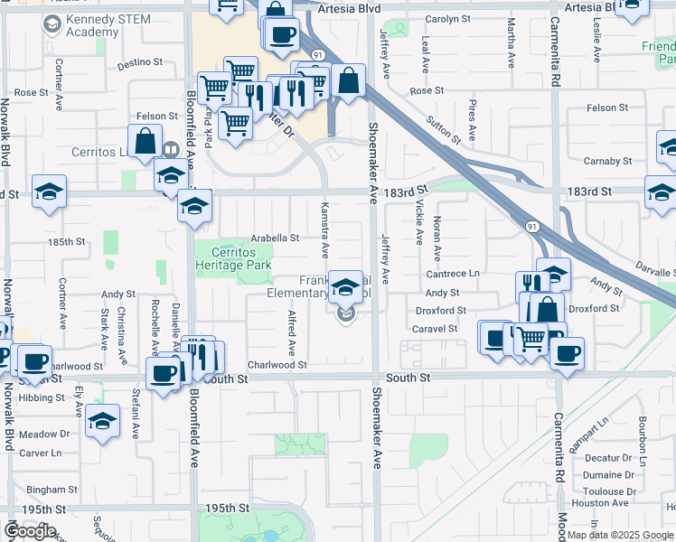 map of restaurants, bars, coffee shops, grocery stores, and more near 12913 Cantrece Street in Cerritos