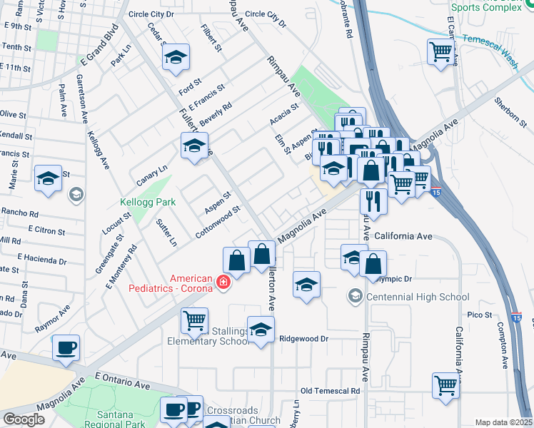 map of restaurants, bars, coffee shops, grocery stores, and more near 1611 Windmill Lane in Corona