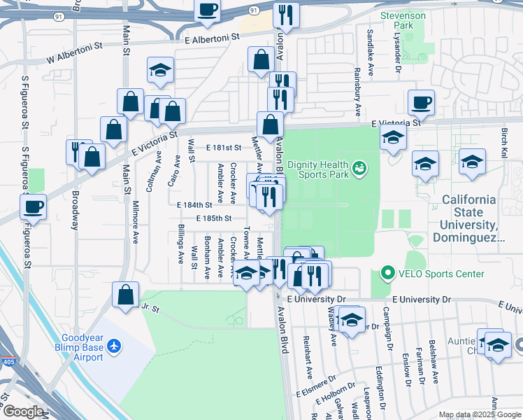 map of restaurants, bars, coffee shops, grocery stores, and more near 18419 South Avalon Boulevard in Carson