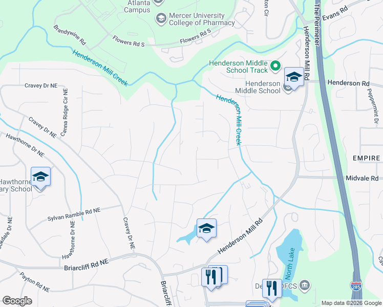 map of restaurants, bars, coffee shops, grocery stores, and more near 2604 Kings Lake Court Northeast in Atlanta