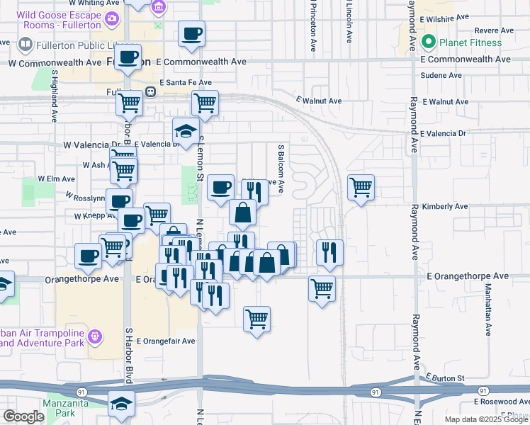 map of restaurants, bars, coffee shops, grocery stores, and more near 170 E Freedom Ave in Anaheim