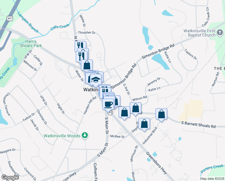 map of restaurants, bars, coffee shops, grocery stores, and more near 10 2nd Street in Watkinsville
