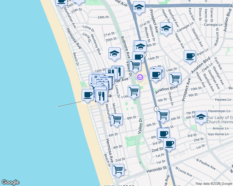map of restaurants, bars, coffee shops, grocery stores, and more near 1107 Loma Drive in Hermosa Beach