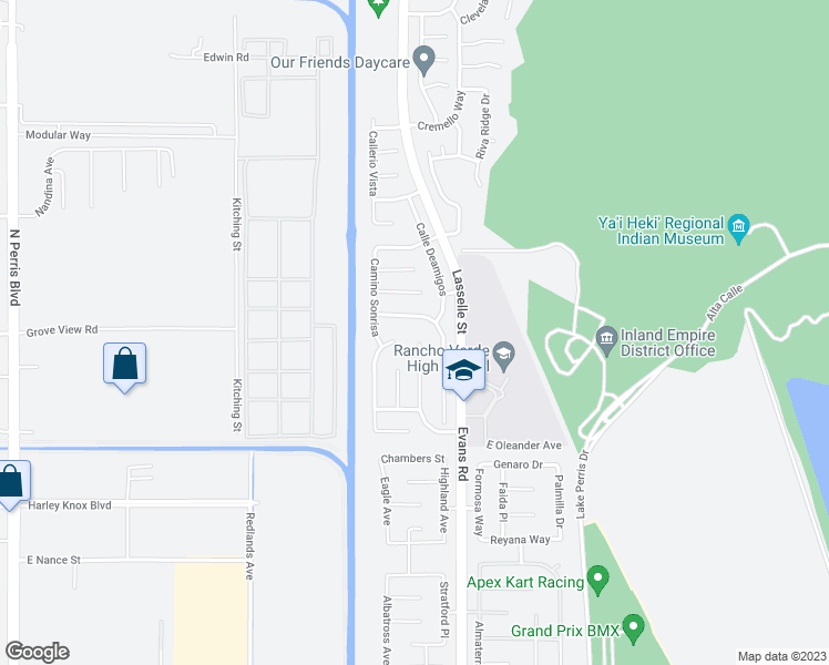 map of restaurants, bars, coffee shops, grocery stores, and more near 17687 Camino Del Rey in Moreno Valley