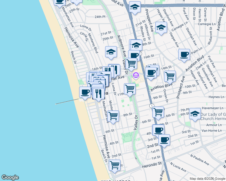 map of restaurants, bars, coffee shops, grocery stores, and more near 1107 Monterey Boulevard in Hermosa Beach