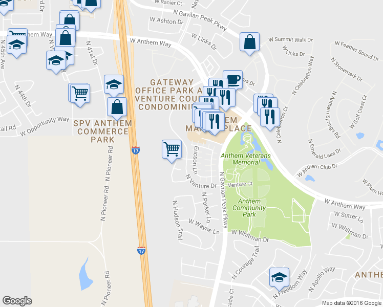map of restaurants, bars, coffee shops, grocery stores, and more near 3681 Ericson Lane in New River
