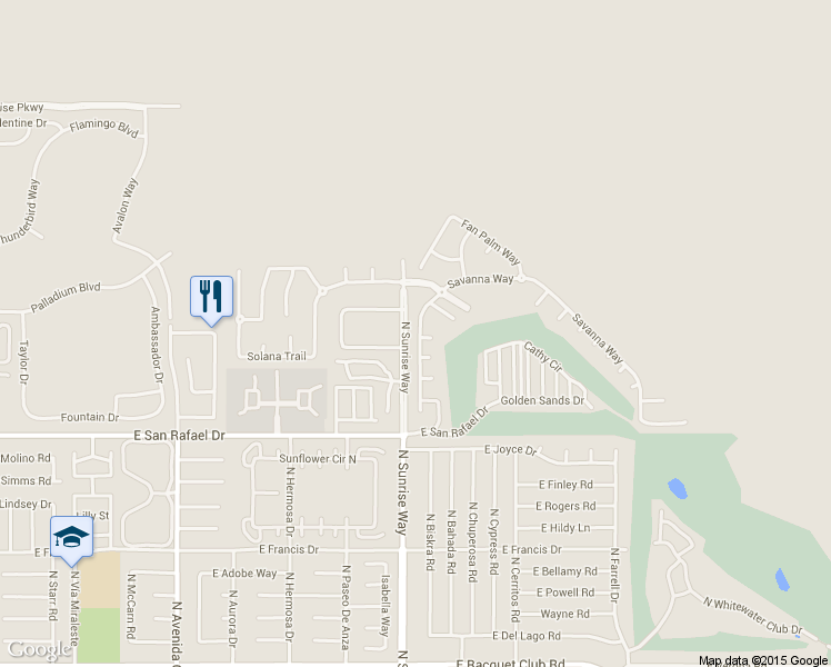map of restaurants, bars, coffee shops, grocery stores, and more near 3611 Savanna Way in Palm Springs