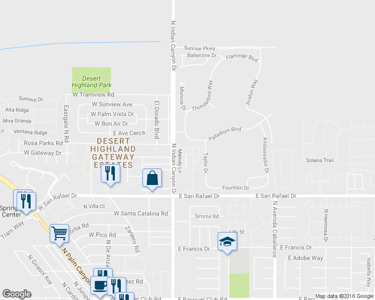 map of restaurants, bars, coffee shops, grocery stores, and more near 312 Breeze Loop in Palm Springs