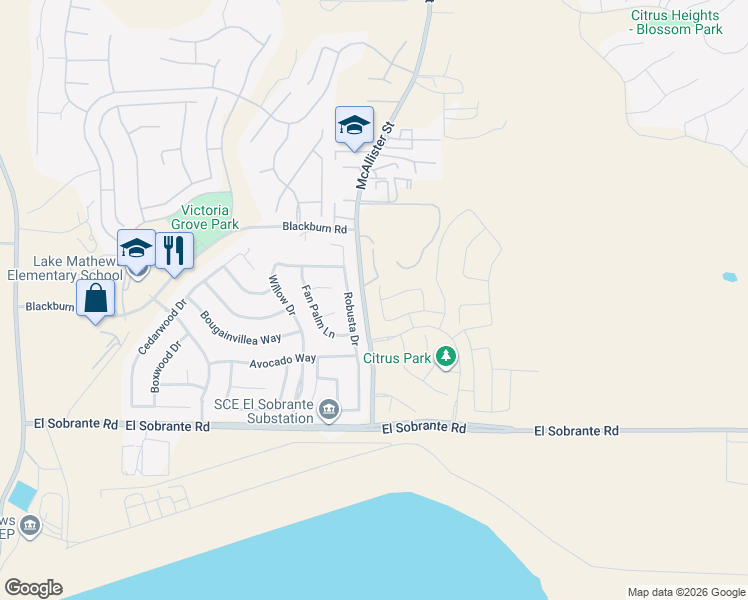 map of restaurants, bars, coffee shops, grocery stores, and more near 17546-17998 McAllister Street in Riverside