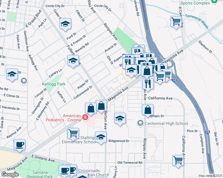 map of restaurants, bars, coffee shops, grocery stores, and more near 1652 Ironwood Place in Corona