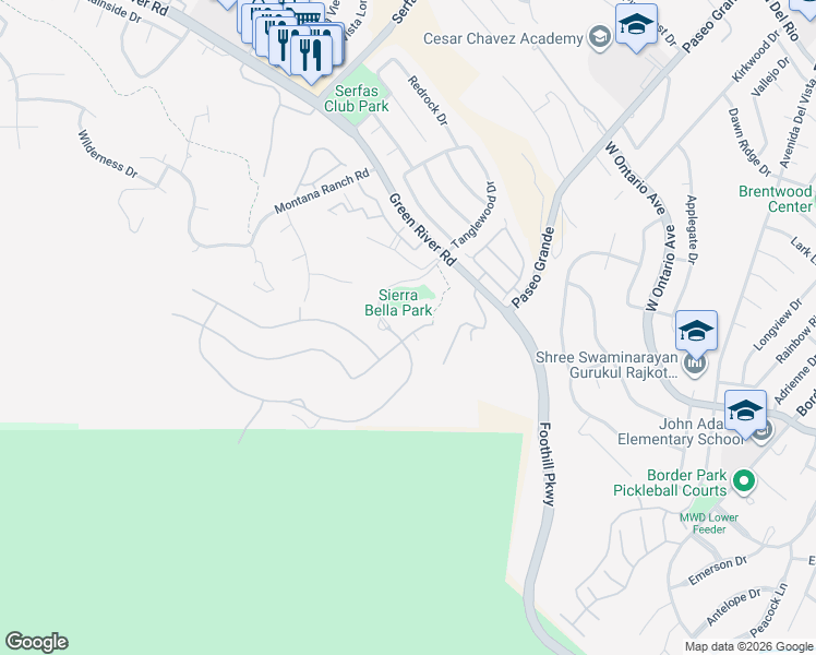 map of restaurants, bars, coffee shops, grocery stores, and more near 2412 Sierra Bella Drive in Corona