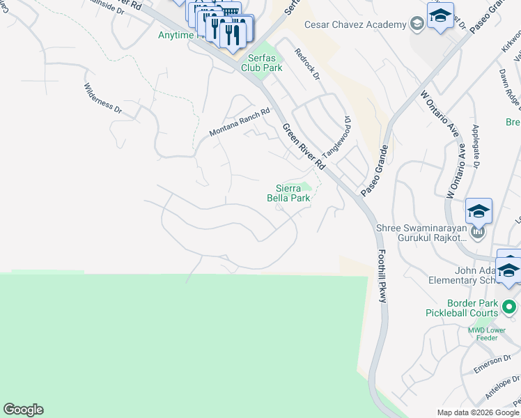 map of restaurants, bars, coffee shops, grocery stores, and more near 2505 Chad Zeller Lane in Corona