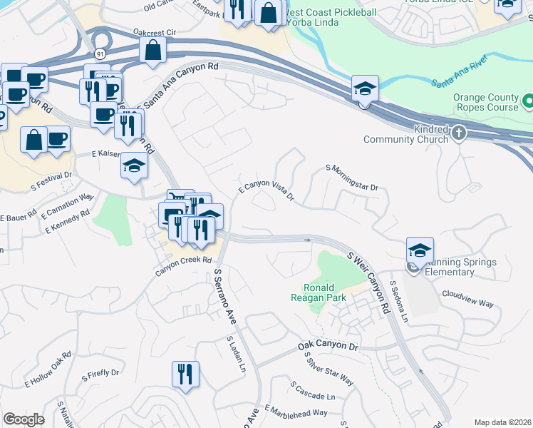 map of restaurants, bars, coffee shops, grocery stores, and more near 8375 Meadowgate Drive in Anaheim