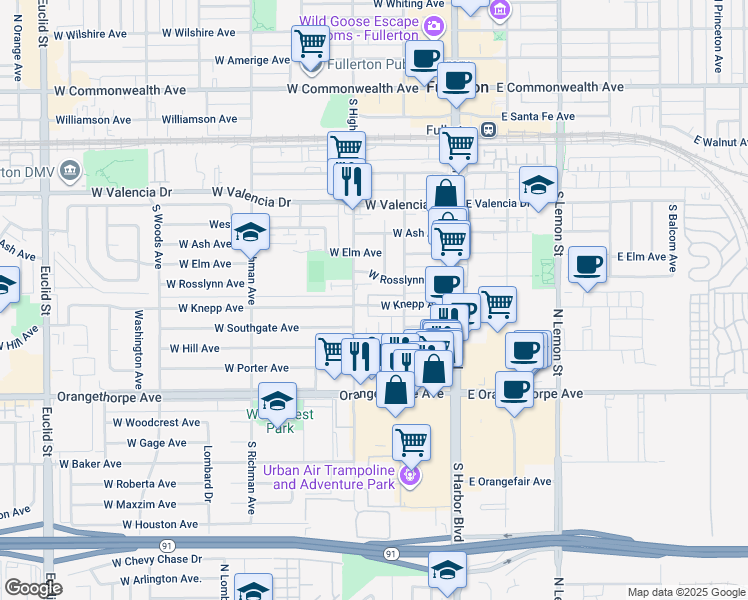 map of restaurants, bars, coffee shops, grocery stores, and more near 900 South Highland Avenue in Fullerton