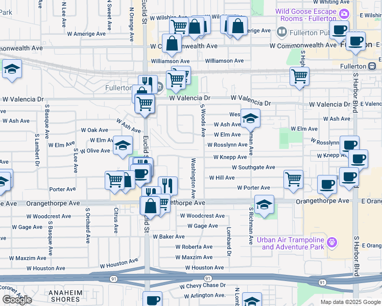 map of restaurants, bars, coffee shops, grocery stores, and more near 709 West Knepp Avenue in Fullerton