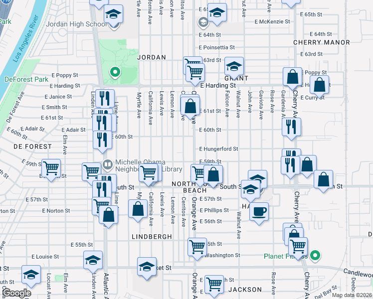 map of restaurants, bars, coffee shops, grocery stores, and more near 5915 Orange Avenue in Long Beach
