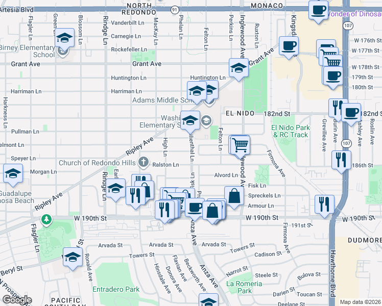 map of restaurants, bars, coffee shops, grocery stores, and more near 901 Pruitt Drive in Redondo Beach