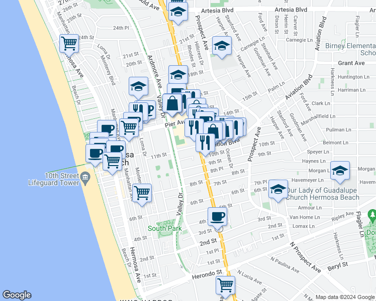 map of restaurants, bars, coffee shops, grocery stores, and more near 653 10th Street in Hermosa Beach