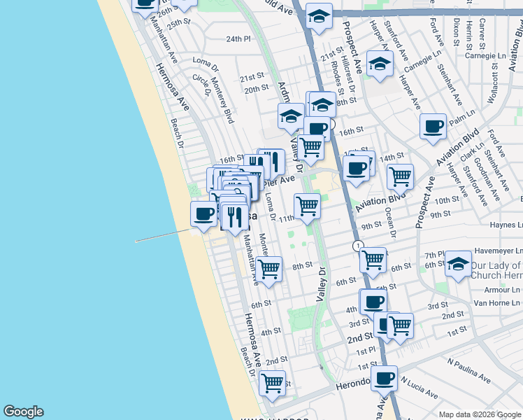 map of restaurants, bars, coffee shops, grocery stores, and more near 1107 Monterey Boulevard in Hermosa Beach