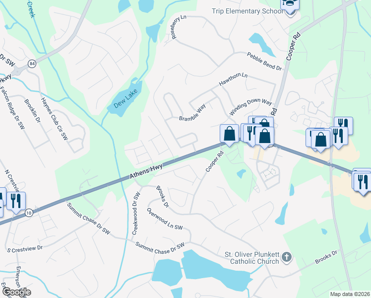 map of restaurants, bars, coffee shops, grocery stores, and more near 2931 Farmstead Court in Grayson