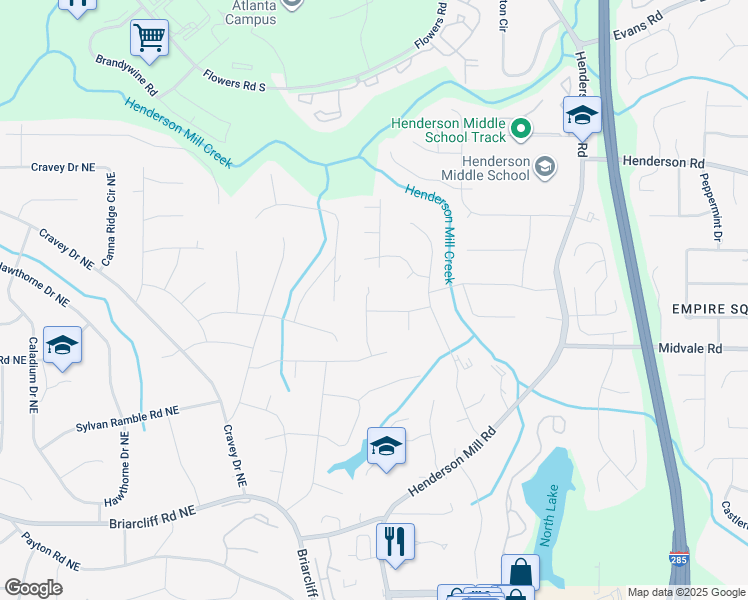 map of restaurants, bars, coffee shops, grocery stores, and more near 2603 Kings Lake Court Northeast in Atlanta