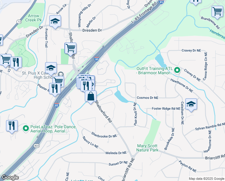 map of restaurants, bars, coffee shops, grocery stores, and more near 2570 Bradford Square Northeast in Atlanta