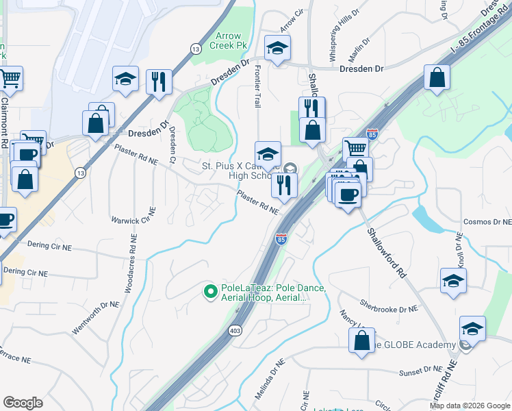 map of restaurants, bars, coffee shops, grocery stores, and more near 2584 New Haven Drive Northeast in Atlanta