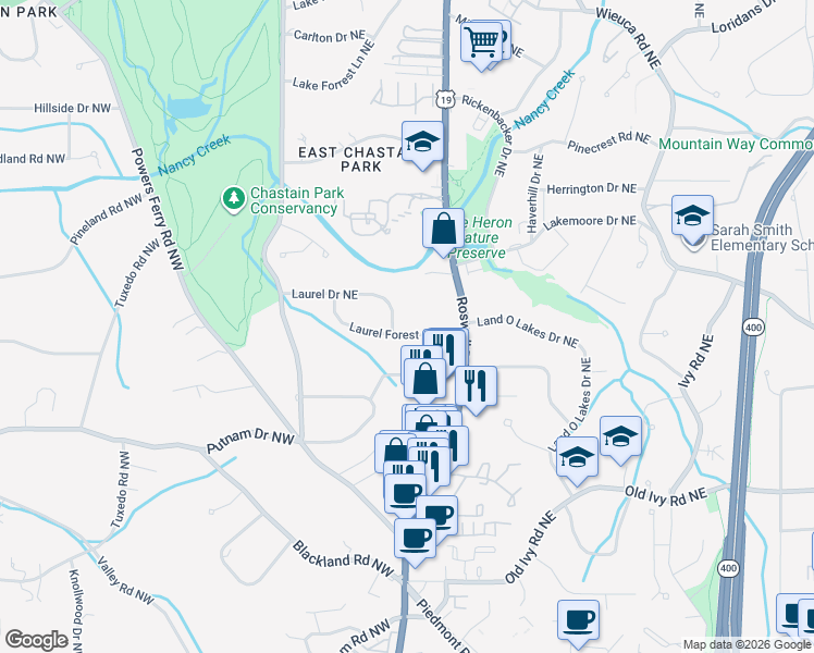 map of restaurants, bars, coffee shops, grocery stores, and more near 183 Laurel Forest Circle Northeast in Atlanta