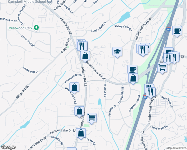map of restaurants, bars, coffee shops, grocery stores, and more near 3725 Paces Park Circle Southeast in Smyrna