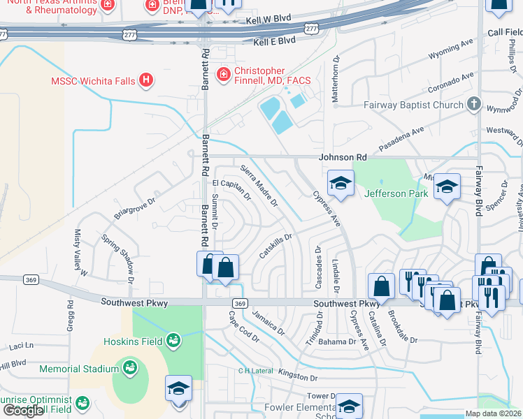 map of restaurants, bars, coffee shops, grocery stores, and more near 4629 El Capitan Drive in Wichita Falls