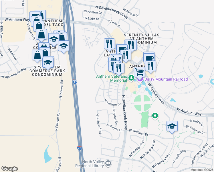 map of restaurants, bars, coffee shops, grocery stores, and more near 3681 Ericson Lane in New River