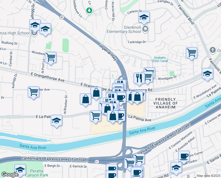 map of restaurants, bars, coffee shops, grocery stores, and more near 5658 East Orangethorpe Avenue in Anaheim
