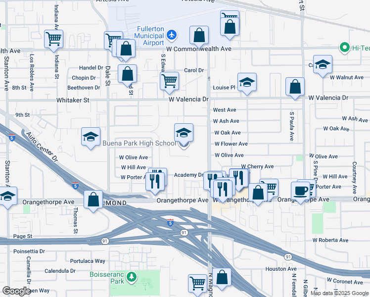 map of restaurants, bars, coffee shops, grocery stores, and more near 8833 Academy Drive in Buena Park